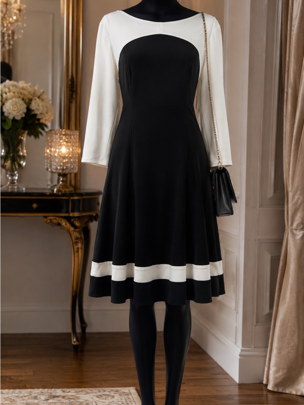American Living Black and White Long-Sleeve Fit-and-Flare Dress